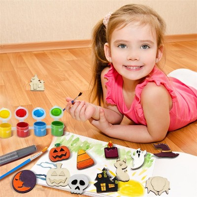 Joyfy 12 Pcs Halloween DIY Wood Painting Craft Kit for Kids Party Favors, Wooden Magnet Creativity Arts Painting Kit Party Supplies