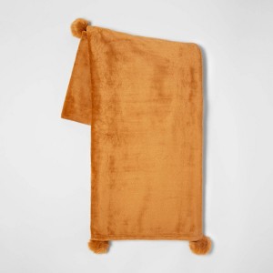 Solid Plush Throw Blanket with Faux Fur Poms Gold - Opalhouse