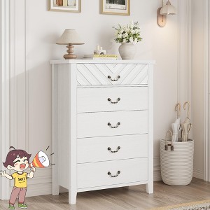 Jojoka Tall 5 Drawer Dresser with Geometric Drawer Fronts, Freestanding Farmhouse Storage Chest for Bedroom or Hallway, White - 1 of 4