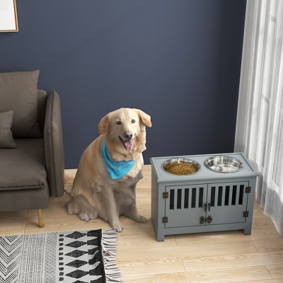 Gray Stainless Steel Elevated Dog Bowls with Storage Cabinet