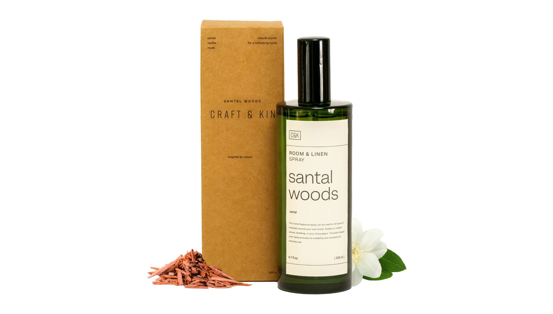 Craft & Kin Room Spray Santal Woods Scent With Green Spray Nozzle Bottle