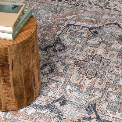 Navy and Sage Traditional Washable Polyester Area Rug 6'7" x 9'