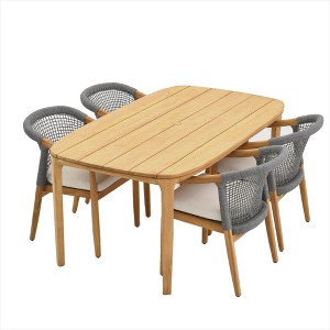 Decksplore Teak & Rattan Outdoor Dining Set with Umbrella Hole, Dining Ensemble with Cushion Outdoor Furniture - 1 of 4
