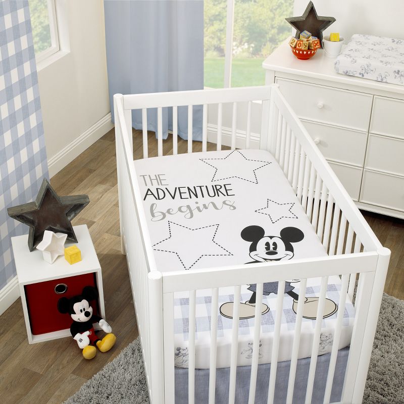 Disney Mickey Mouse - Call Me Mickey White and Blue The Adventure Begins Stars and Gingham 100% Cotton Photo Op Nursery Fitted Crib Sheet, 4 of 7