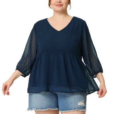 Agnes Orinda Women's Plus Size Chiffon Babydoll Long Sleeve V Neck Swiss Dots Blouses