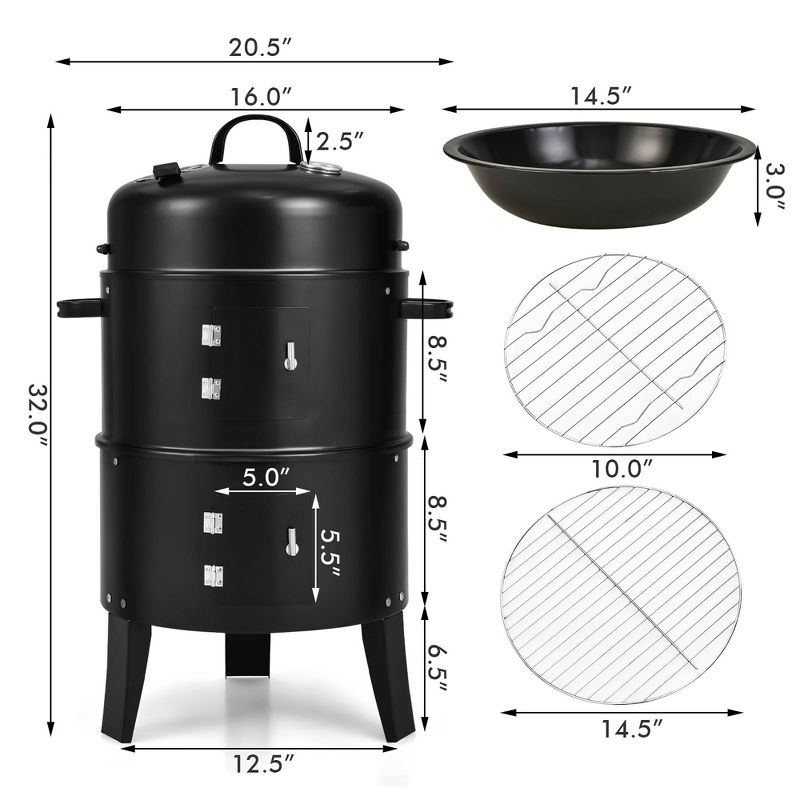 Costway3-in-1 Vertical Charcoal Smoker  Portable BBQ Smoker Grill with Detachable 2 Layer, 4 of 11