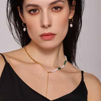 Clotth Turquoise Freshwater Pearl Beaded Tassel Necklace Titanium Steel Clavicle Chain Jewelry, Gold-Necklace - 49cm