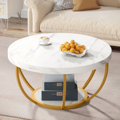 Syemin End Tables Modern Round Coffee Table, 2 Tier Coffee Table Circle Center Table Tea Table for Living Room, Beige, 31.69"*31.69"*17.32"