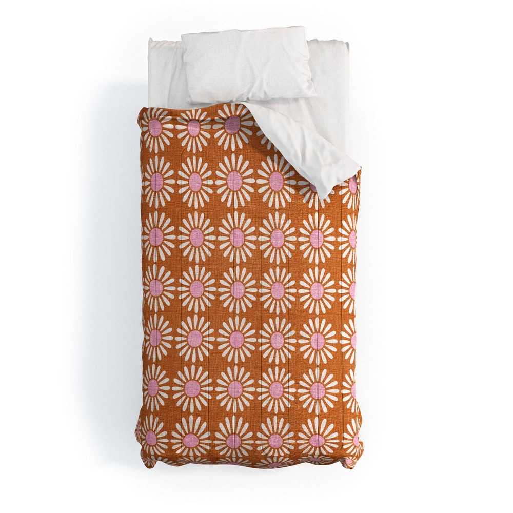Photos - Bed Linen Deny Designs Twin/Twin Extra Long Retro Jumbo Daisy Schatzi Brown Comforter Set Orange/White: Microfiber, Botanical Pattern,