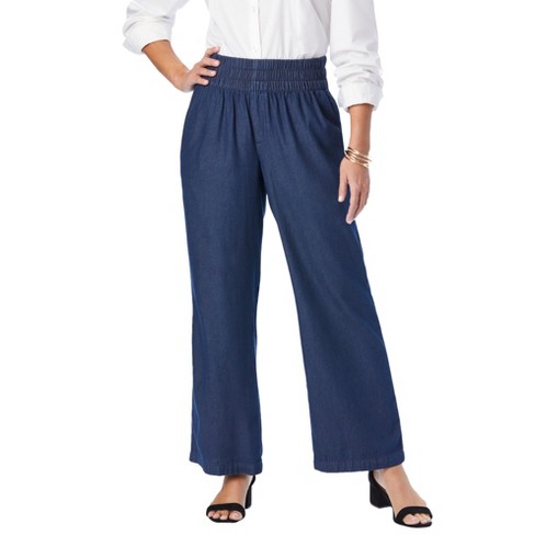 Navy Blue Linen Women Pants Wide Legs Pants Elastic Waist Plus