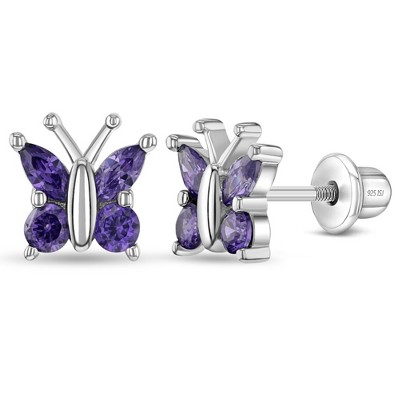 Rhodium Plated Purple Crystal Screw Back Baby Girls Earrings 2mm
