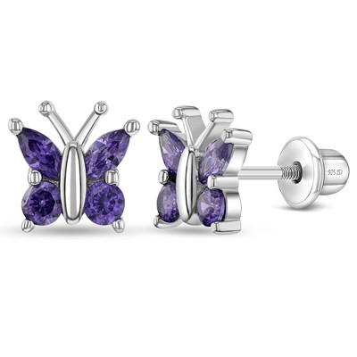 Girls' Traditional Prong Set Screw Back Sterling Silver Earrings - Purple - in Season Jewelry