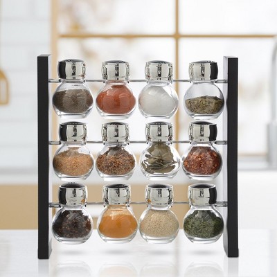 Belwares Spice Rack Stand with 12 Clear Glass Bottles Sleek and Kitchen Organizer