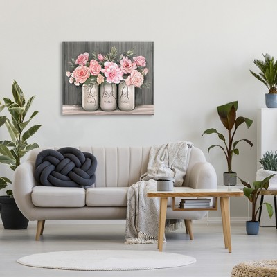 Rustic Pink Rose Bouquets in Mason Jars Canvas Wall Art, 30 x 40