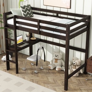 Whisen Twin High Loft Bed, Rubber Wood Loft Bed with Ladder, Safety Guardrail and built-in desk - 1 of 4