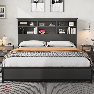 Full Size/Queen Size/King Size Bed Frame with Bookcase Headboard, Tall Wooden Bed Headboard Frame with Type-c & USB Charging Station - 1 of 4