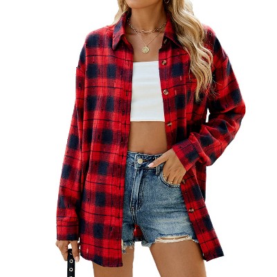 Fall Shacket Plaid Button Down Ripped Flannel Shirt Jackets Ripped Textured Plaid Jakcets Fall Winter Outwear Coats