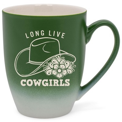 100 North Floral Western Hat 10 Ounce Green and White Two Toned Ombre, Comfortably Fits Your Hands, Ceramic Tea Coffee Cup Mug, Long Live Cowgirls