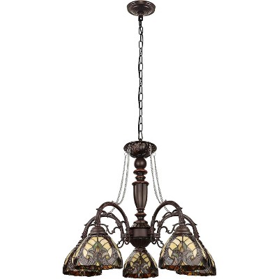 Victorian-Style Large Bronze Chandelier with Stained Glass Shades
