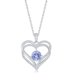 Bella Silver Sterling Silver Double Heart "June" Birthstone CZ 18" Pendant Necklace  - Lavander CZ - Purple - 1 of 2