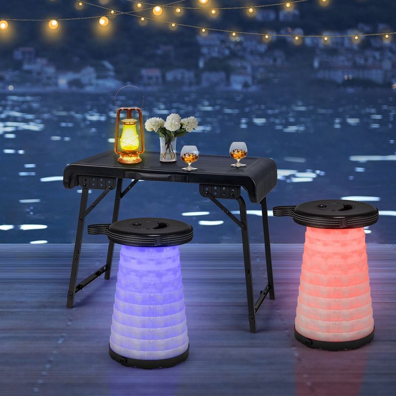 Costway 3-Piece Folding Table Stool Set with a Camping Table & 2 Retractable LED Stools, 4 of 11