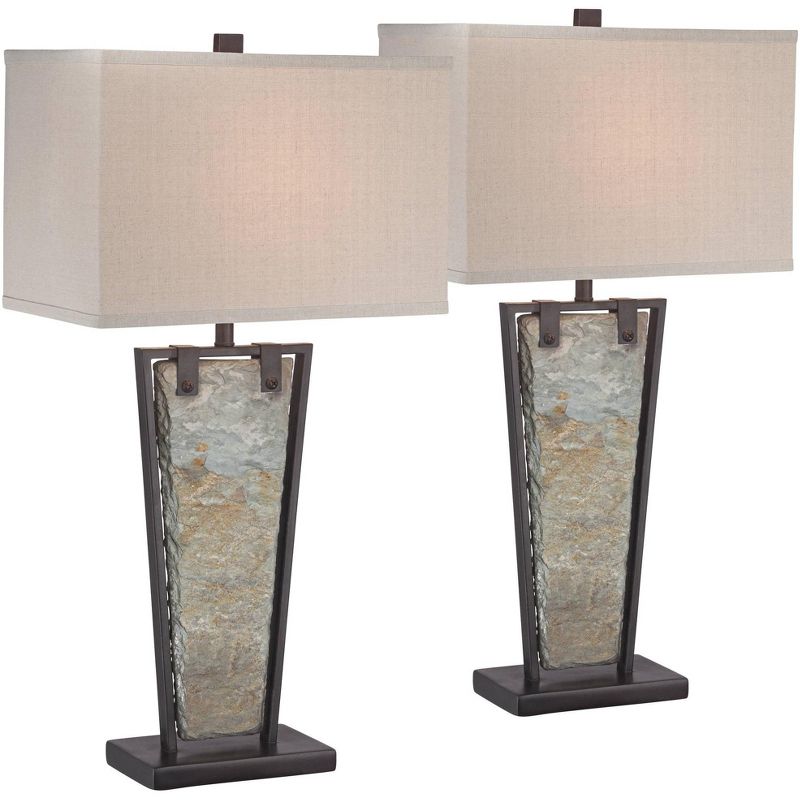 Franklin Iron Works Zion 30" Tall Large Farmhouse Rustic End Table Lamps Set of 2 Bronze Finish Natural Slate Living Room Bedroom (Colors May Vary), 1 of 10