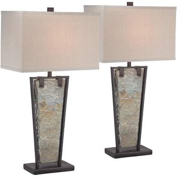 Franklin Iron Works Zion 30" Tall Large Farmhouse Rustic End Table Lamps Set of 2 Bronze Finish Natural Slate Living Room Bedroom (Colors May Vary)