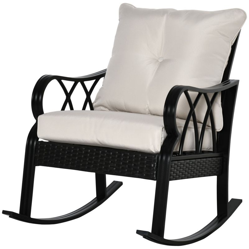 Outsunny Outdoor Wicker Rocking Chair with Padded Cushions, Aluminum Furniture Rattan Porch Rocker Chair w/ Armrest for Garden, Patio, and Backyard, 4 of 9