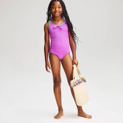 Cat & Jack Girls' Colorful Crinkle Solid One Piece Swimsuit - Cat & Jack™ Purple S