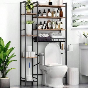 8 - Tier Over Toilet Storage with Side Rack, Adjustable Shelf Drain Basket, Freestanding Bathroom Organizer for Balcony - 1 of 4