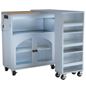 AEELLEEA Kitchen Island On Wheels with Extended Table MDF Rolling Kitchen Storage Cart 2 Fluted Glass Doors Side 3 Open Shelves Blue - 1 of 4