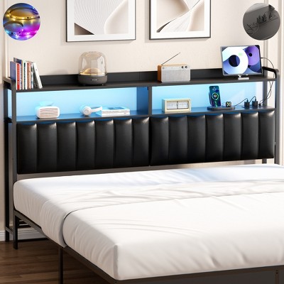 Aheaplus Upholstered Headboard with LED Light, Height Adjustable Headboards with Storage and Outlets