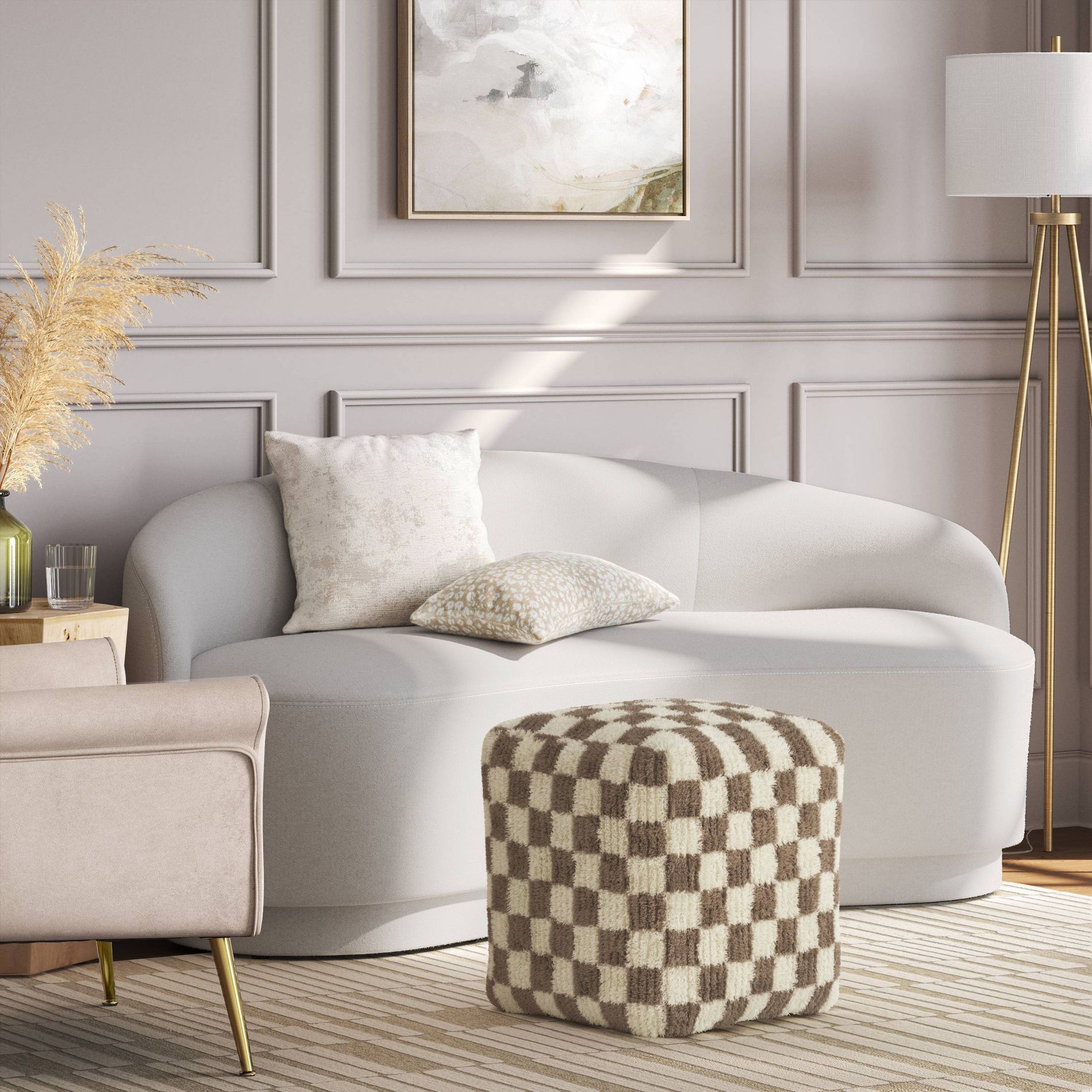 Checkerboard Pouf Cream/Brown - Threshold™: Modern Square Upholstered Ottoman, No Assembly Required