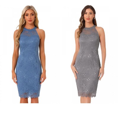 INSPIRE CHIC Women's Elegant Lace Halter Neck Sleeveless Bodycon Cocktail Sheath Dress 2 Packs