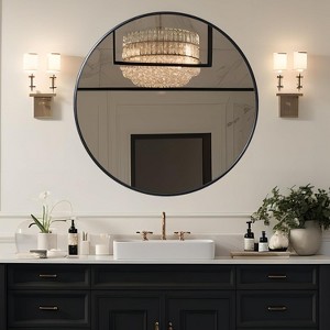 Vynxaria 39" Black Metal Framed Round Bathroom Mirror: A Perfect Blend of Whimsy and Elegance - 1 of 4