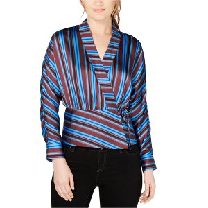 I.N.C International Concepts Womens Striped Wrap Blouse, Blue, Medium - 1 of 1