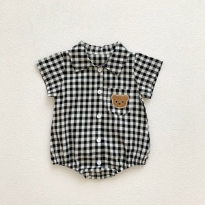 MyKids-USA Summer Arrival Baby Boys Plaid and Teddy Bear Pattern Short Sleeves Onesies with Turn-down Collar - 1 of 4