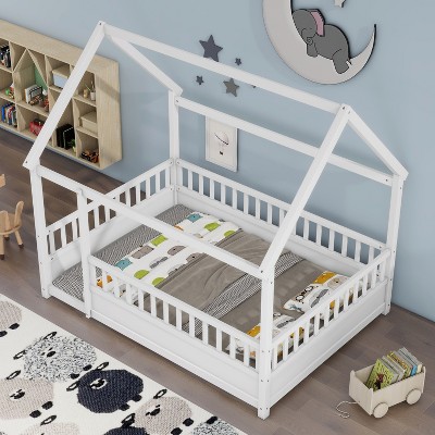 CAVINAS Twin/Full Size House-Shaped Floor Bed for Kids,Wooden Canopy Toddler Bed Frames,Floor Bed for Kids,Girls&Boys,No Box Spring Needed