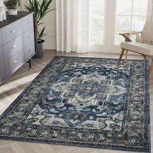 Okak Vintage Area Rug with Bohemia Style Pattern, Living Room Rug with Washable and Non-slip Design, Ruggable Rugs for Bedroom, Kitchen, Blue+Brown - 1 of 4