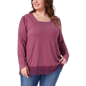 Women's Lace Hem Square Neck Long Sleeve Casual Tunic Blouse - Agnes Orinda - 1 of 4
