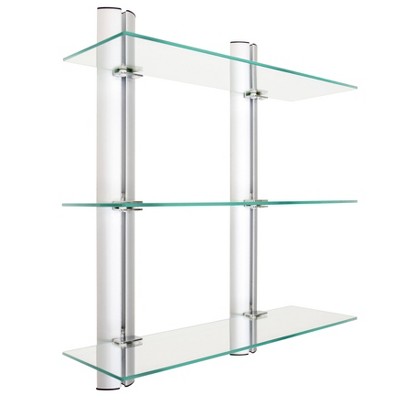 Black Glass and Wood Floating Wall Shelf Unit