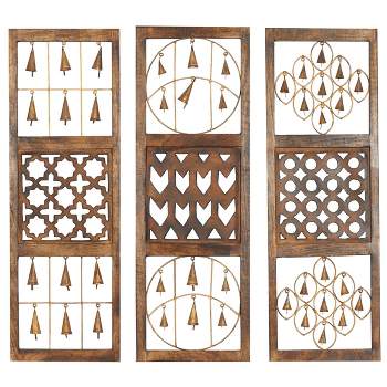 Wood Geometric Intricately Carved Wall Decor with Bells Set of 3 Brown - Olivia & May