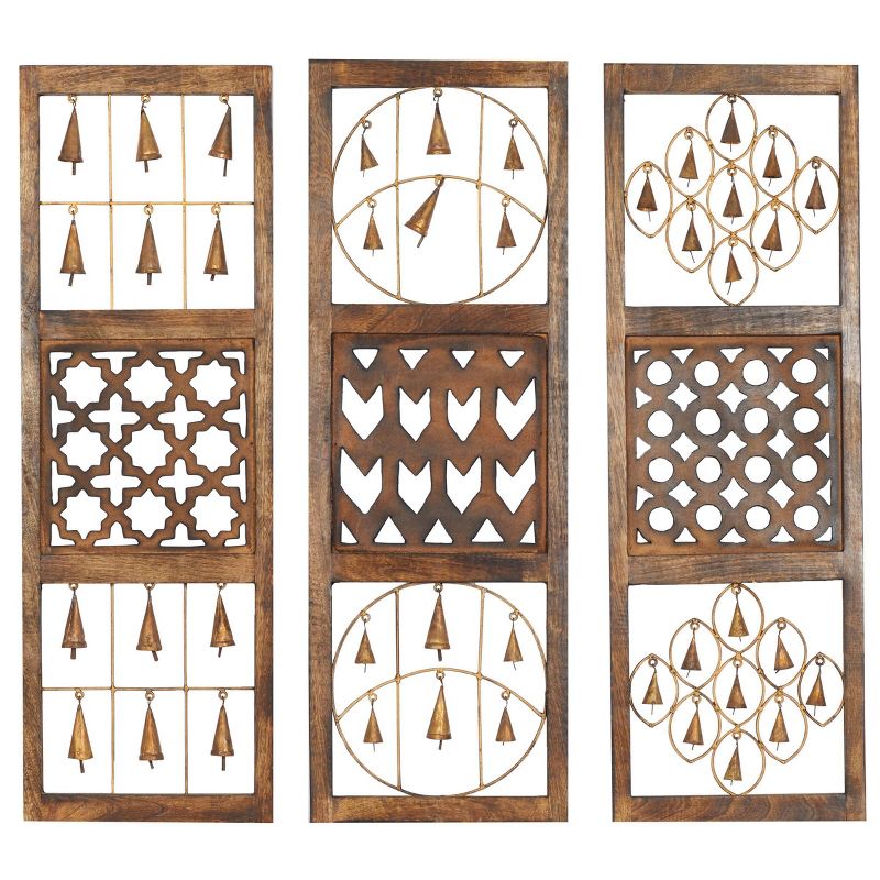 Wood Geometric Intricately Carved Wall Decor with Bells Set of 3 Brown - Olivia &#38; May, 1 of 19