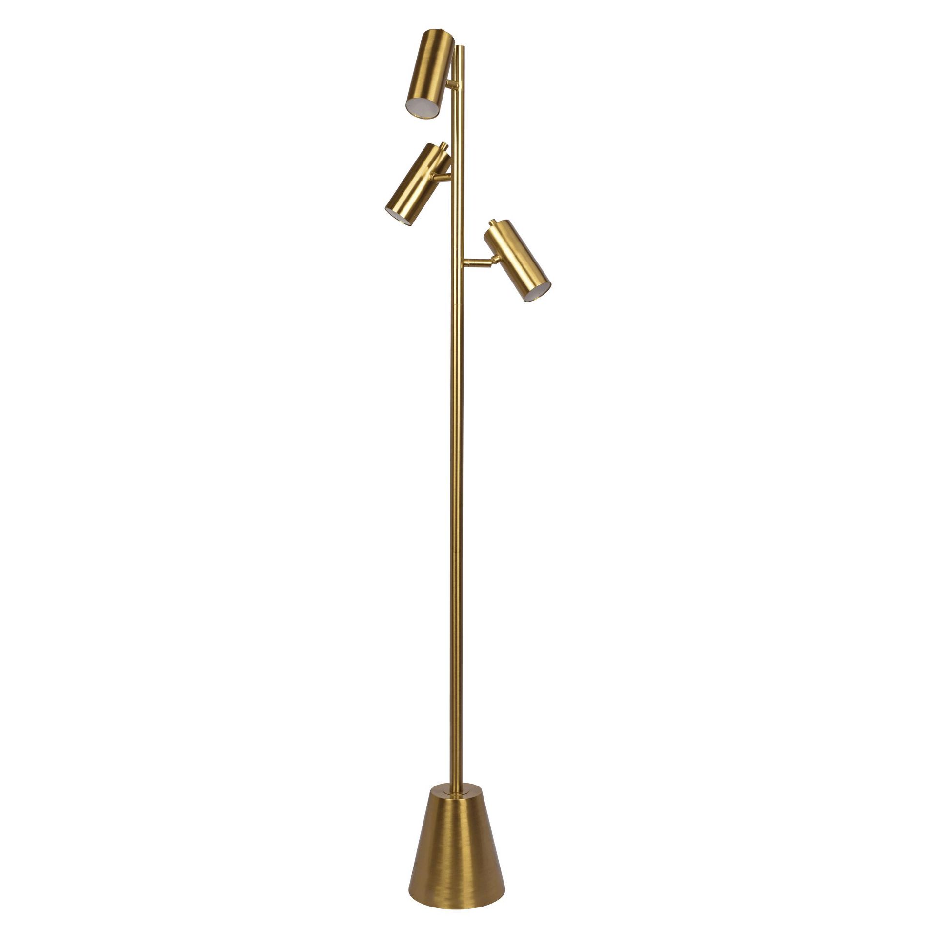 Lumina Brassed Gold Floor Lamp with Rotary Switch Triple Spots Metal Cone Base