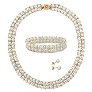 EVERLY JEWELRY | Yellow Plated Sterling Silver 6-8mm Cultured Freshwater Button Pearl Bead Double Row Necklace Bracelet and Stud Earrings 3-pcs Set - 1 of 4
