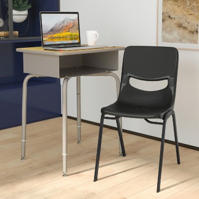 Emma and Oliver Desk/Chair Set with Metal Open Front Storage Box, Desktop, Metal Frame and Stackable Flex Comfort Classroom Chair
