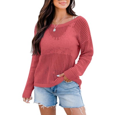 Sheer Tops for Women Summer Breathable Pullover Sweater Crochet Tops Long Sleeve Hollow Out Beach Summer Sweater Beach Cover Ups