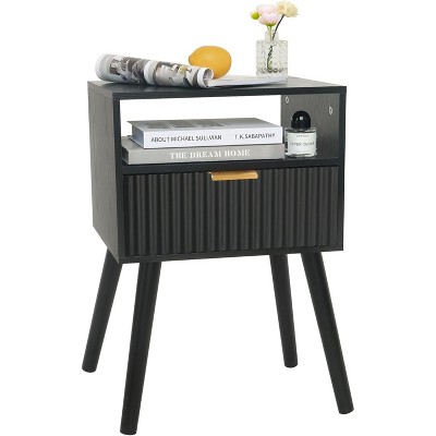 Mid Cetury Modern Nightstand with Charging Station, Fluted Bedside Table with Storage