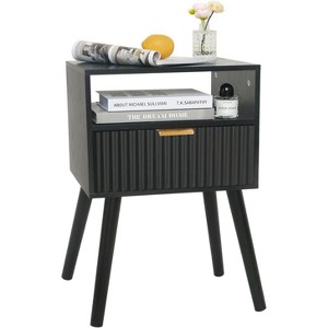 Mid Cetury Modern Nightstand with Charging Station, Fluted Bedside Table with Storage - 1 of 4