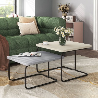 Modern Cream and Gray Textured 2-Piece Nesting Coffee Table Set